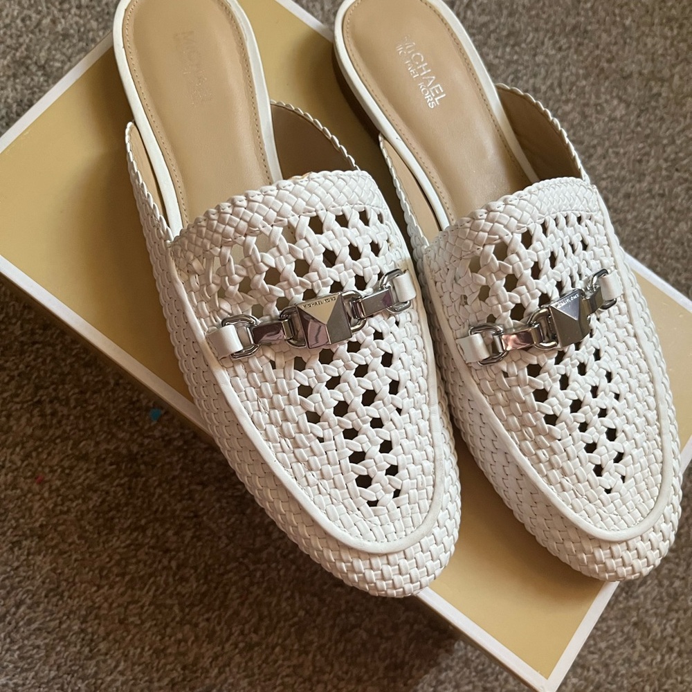 Michael Kors White Woven Mules